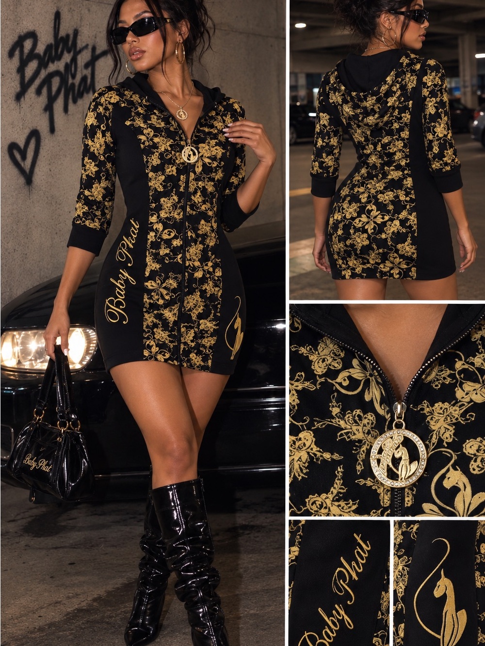 Baby Phat Y2K Black & Gold Fitted Zip Up Hoodie Dress
